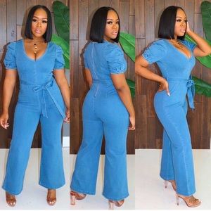 Puff sleeve cropped denim jumpsuit.
